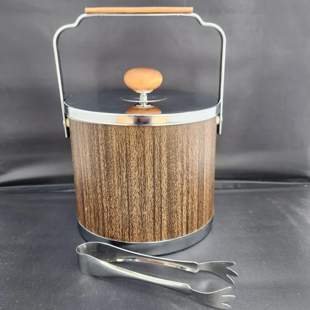 Vintage Atapco Chrome Wood Ice Bucket with Tongs – MCM Barware Liner USA